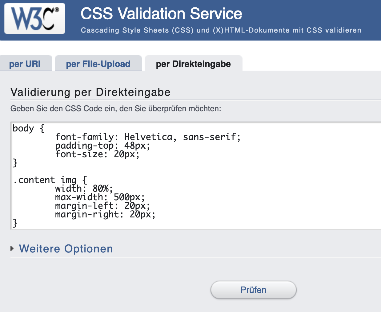 Eingabe beim W3C-CSS-Validator
